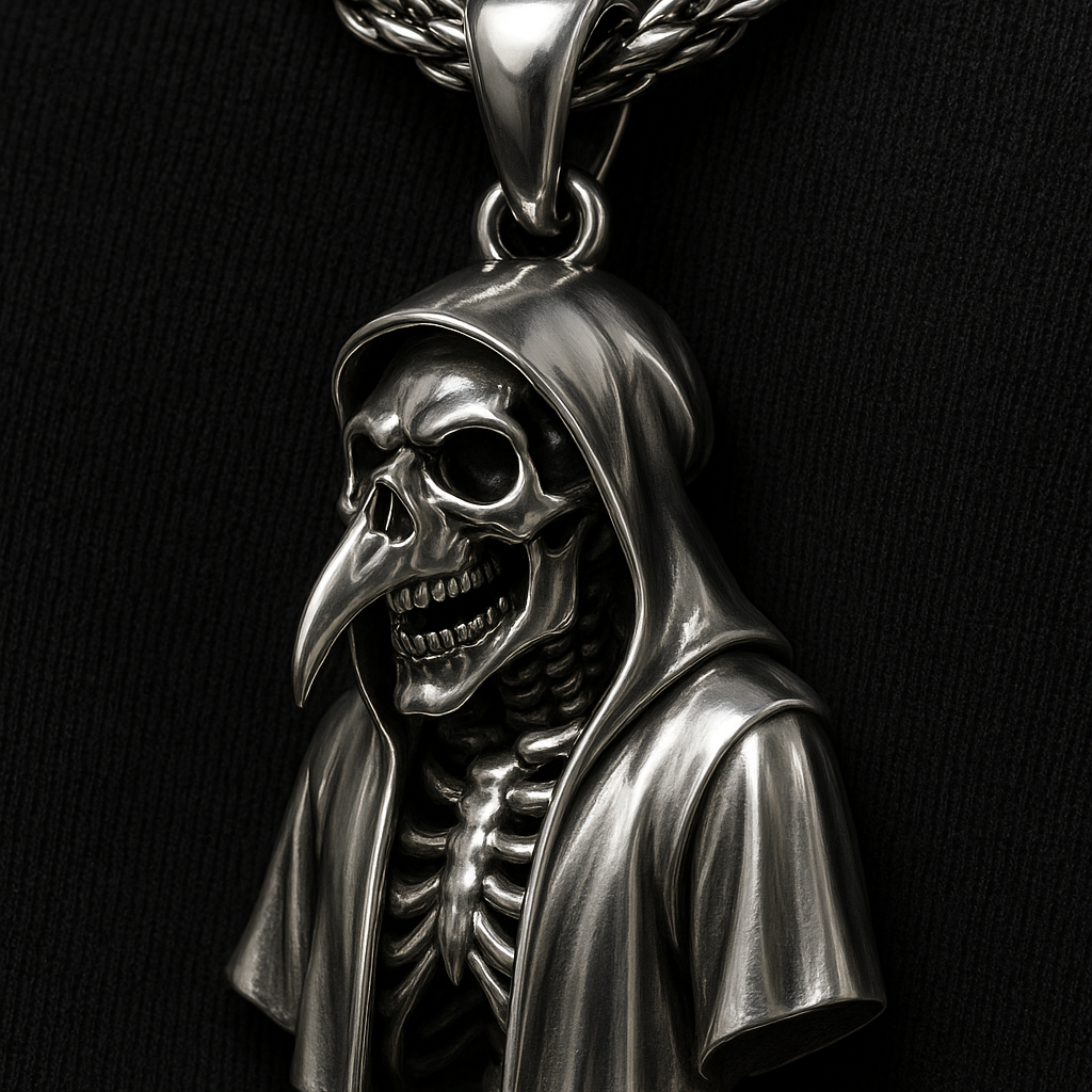 Silver Plague Doctor Skeleton Pendant Necklace 20"