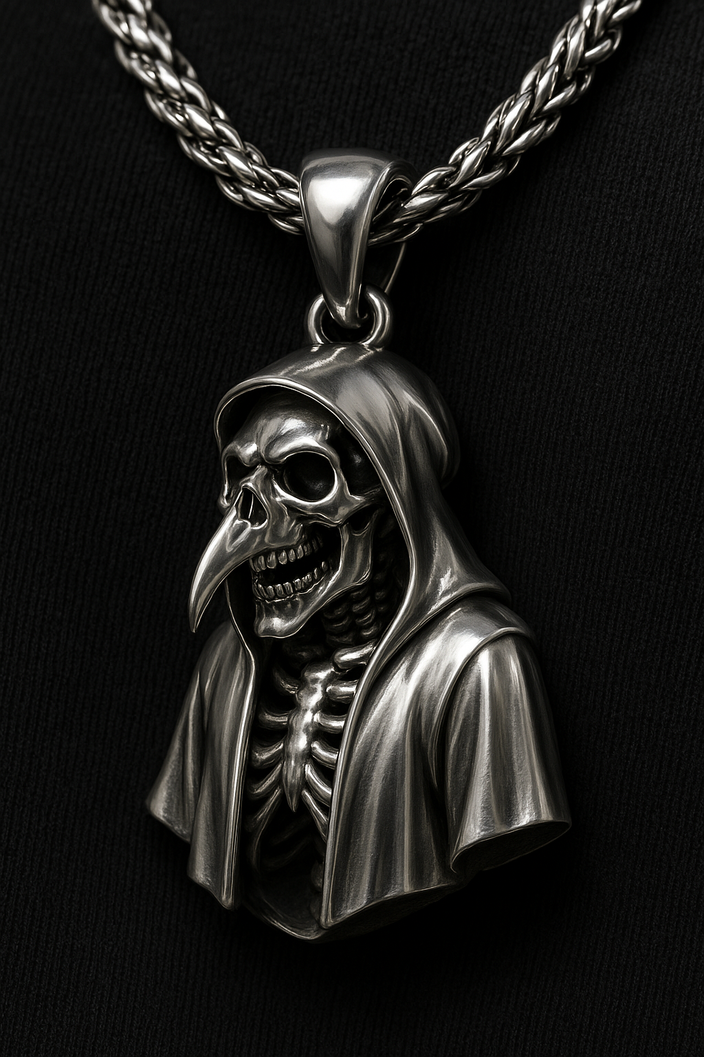 Silver Plague Doctor Skeleton Pendant Necklace 20"