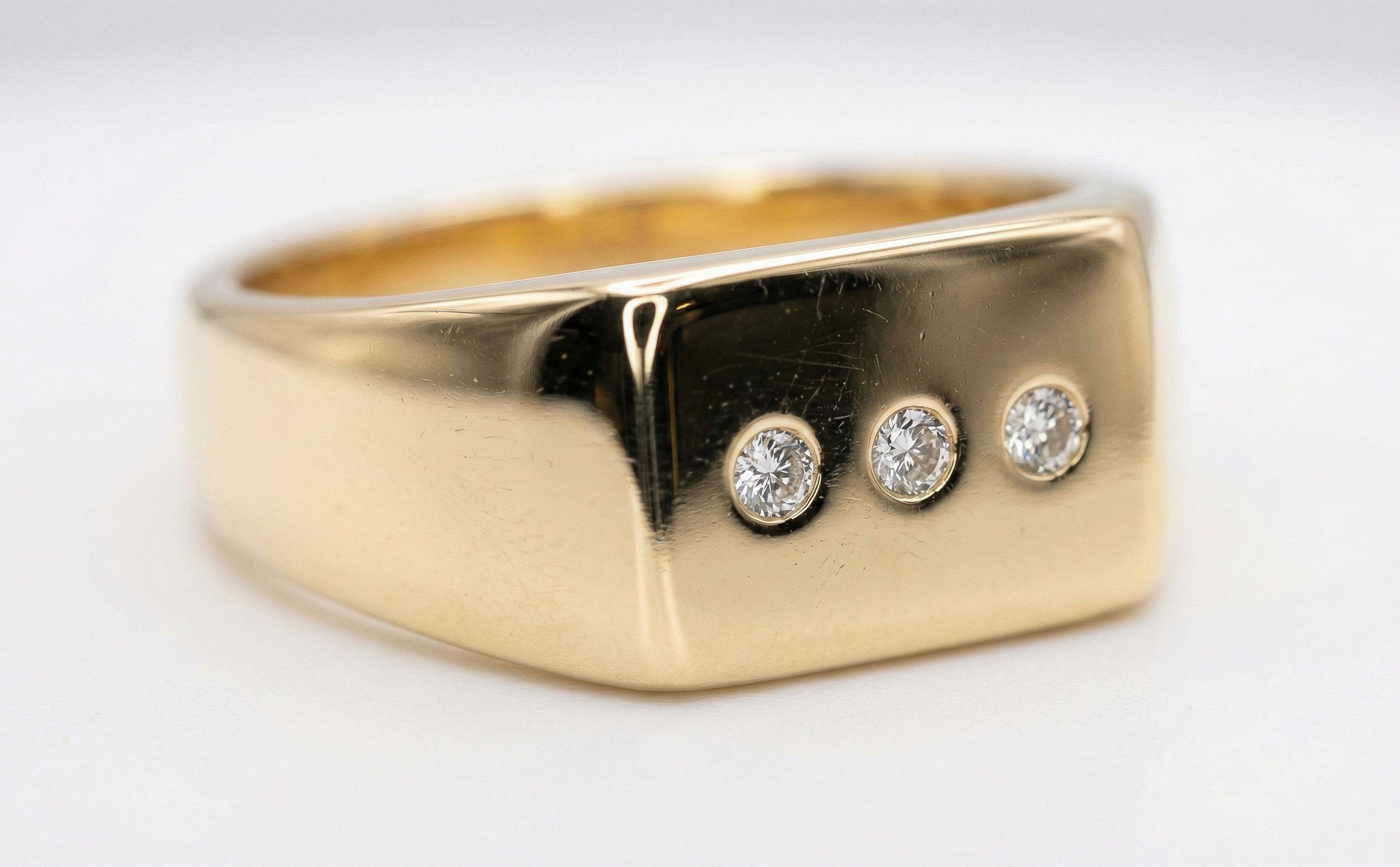 Solid 18k Yellow Gold Trilogy Diamond Signet Ring