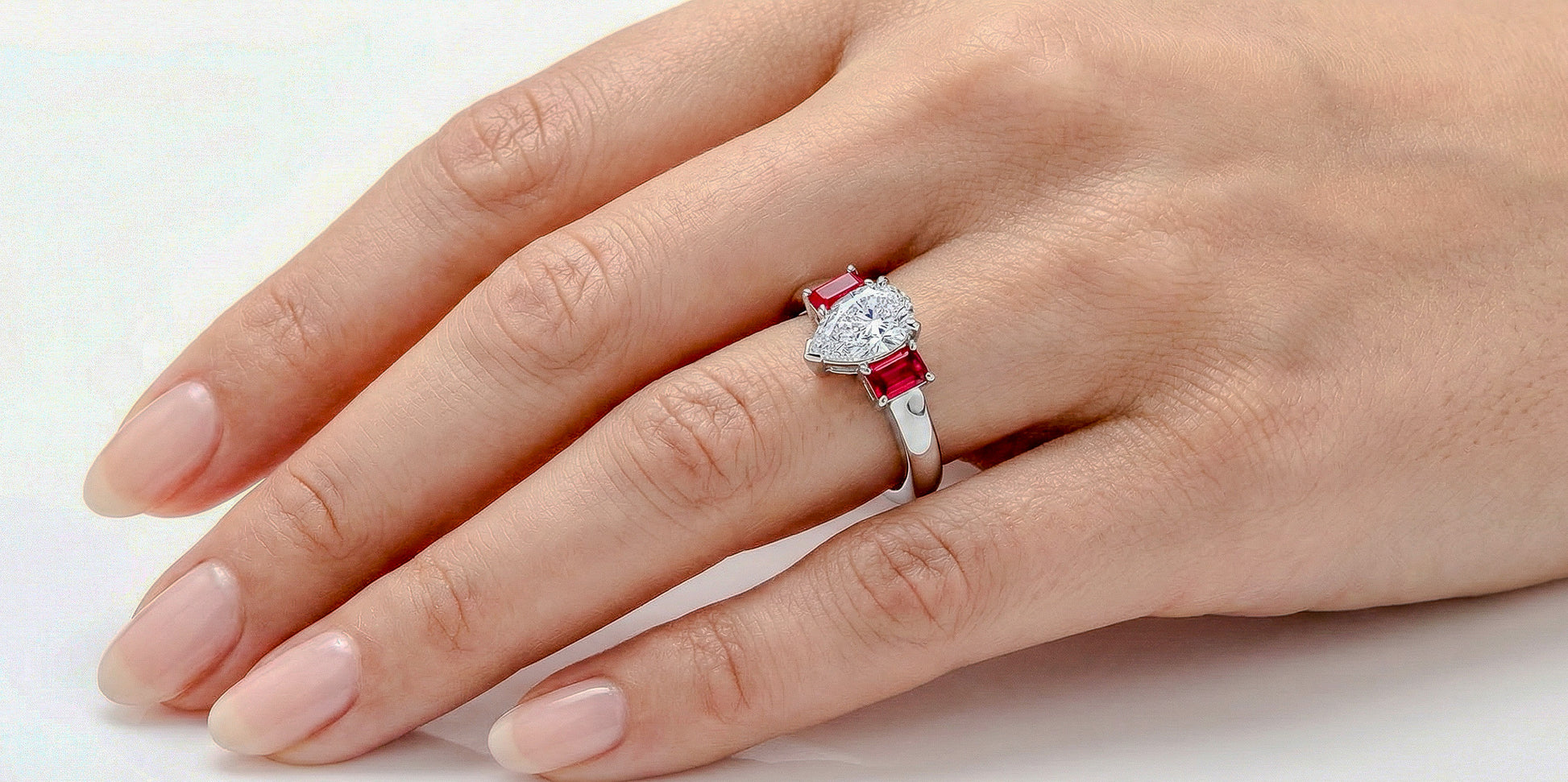 Platinum Pear Diamond & Ruby Trilogy Ring
