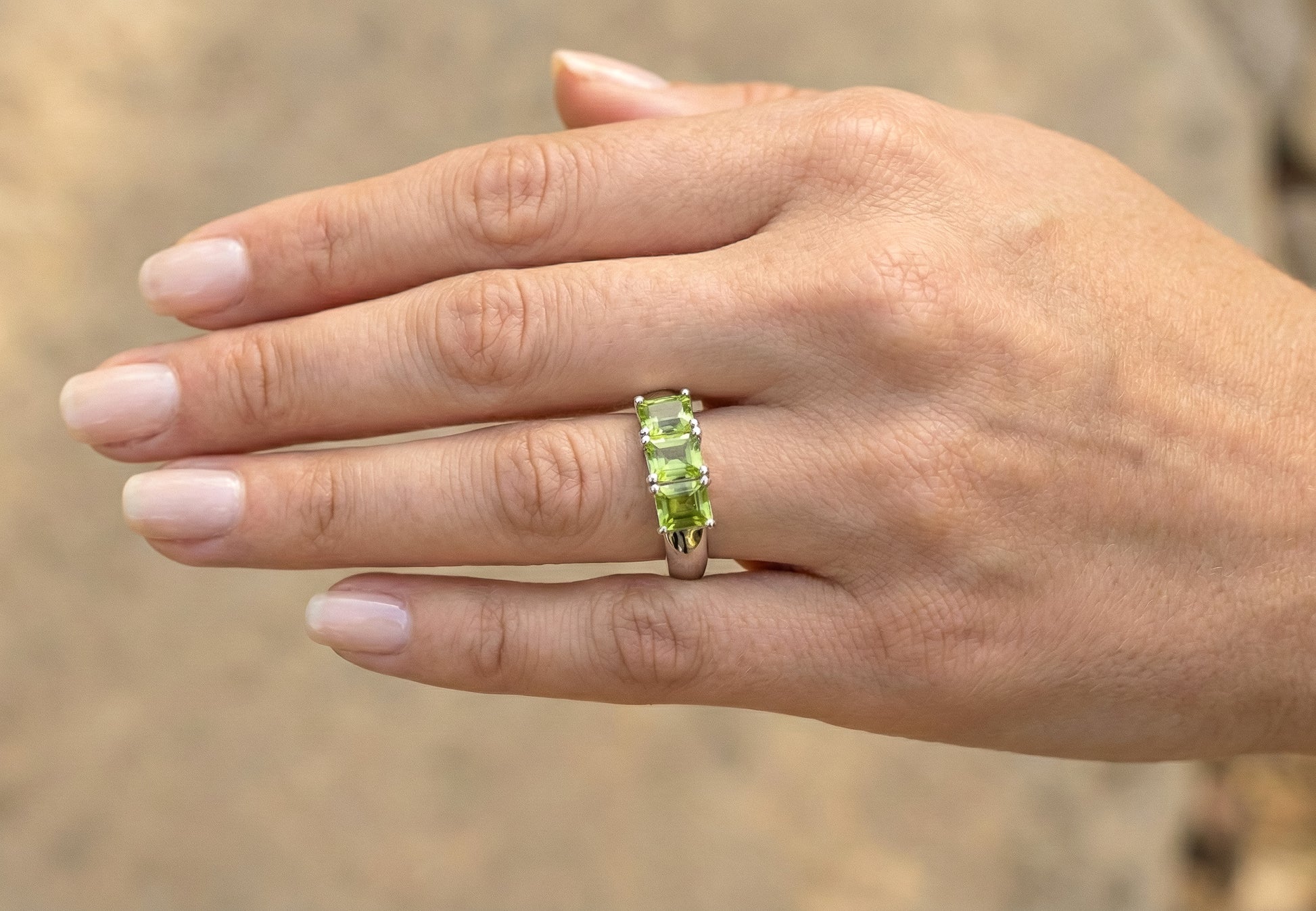 Solid 925 Silver Three-Stone Peridot Princess Cut Ring
