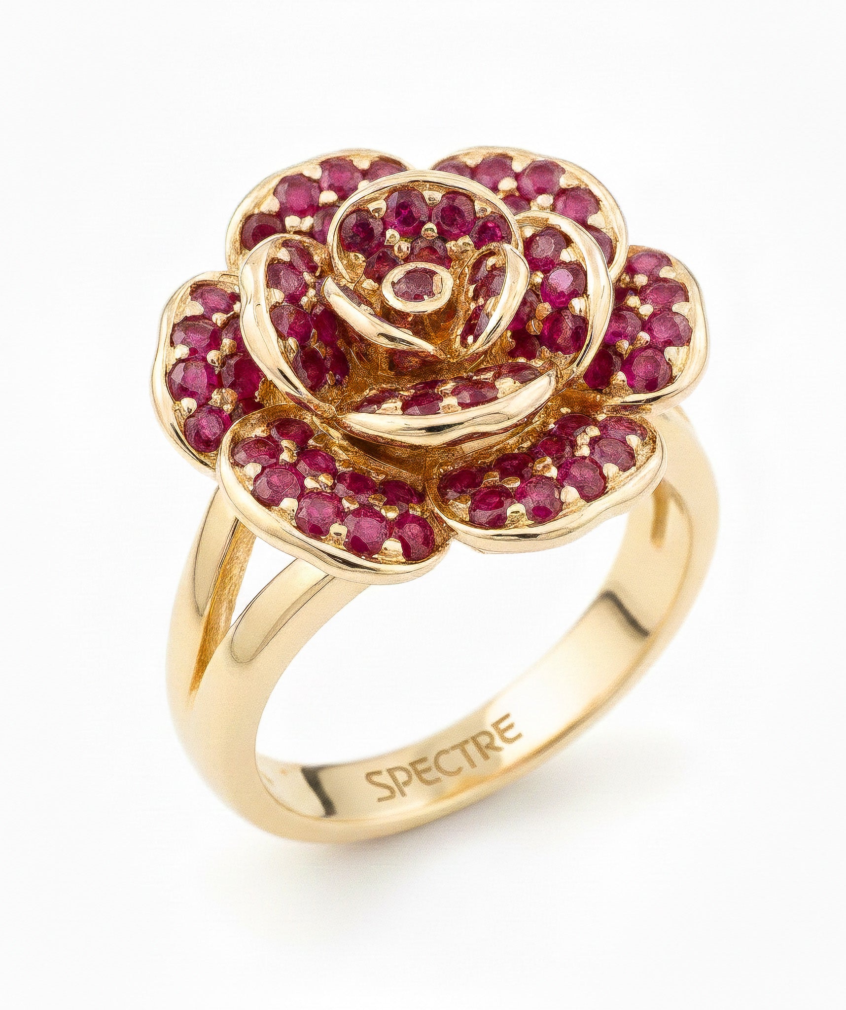 18kt Solid Yellow Gold Floral Ruby Pavé Solitaire Ring
