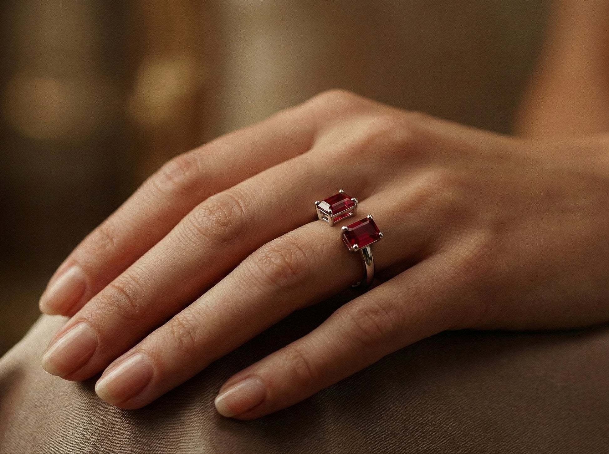 Solid 925 Silver Ruby Baguette-Cut Duo Ring