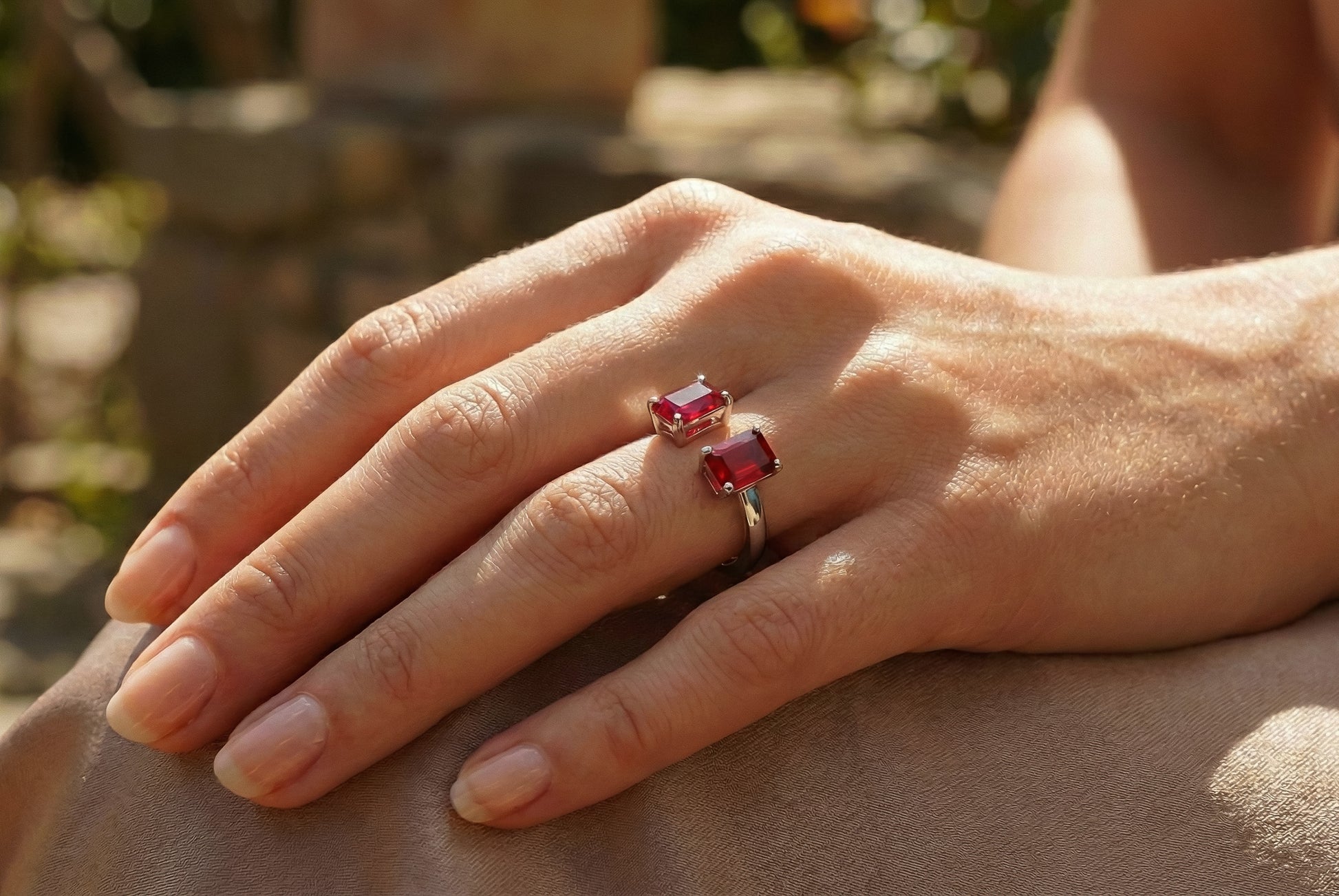 Solid 925 Silver Ruby Baguette-Cut Duo Ring