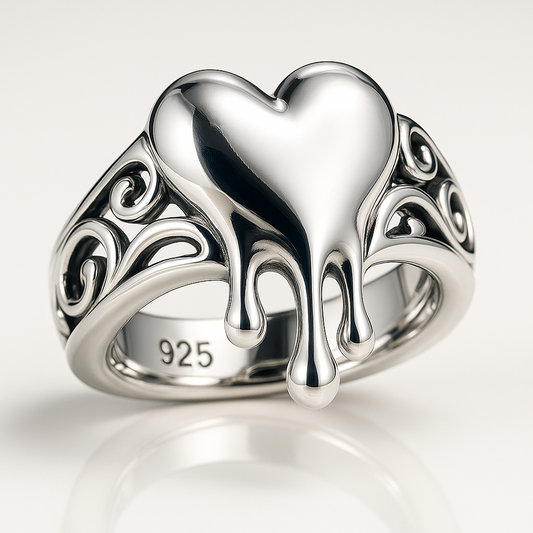 Bohemian Love Solid Sterling Silver Ring Surrealist Art Melting