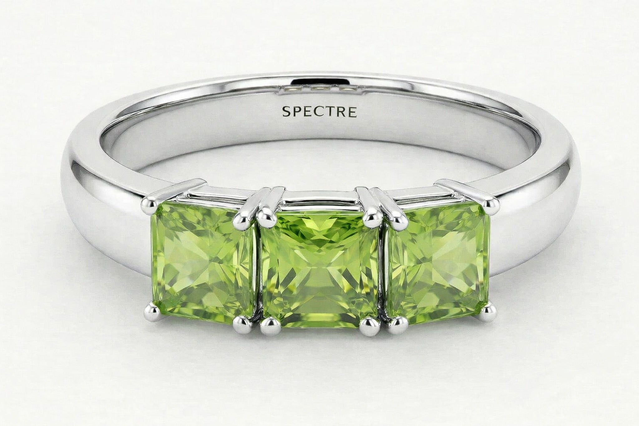 Solid 925 Silver Three-Stone Peridot Princess Cut Ring