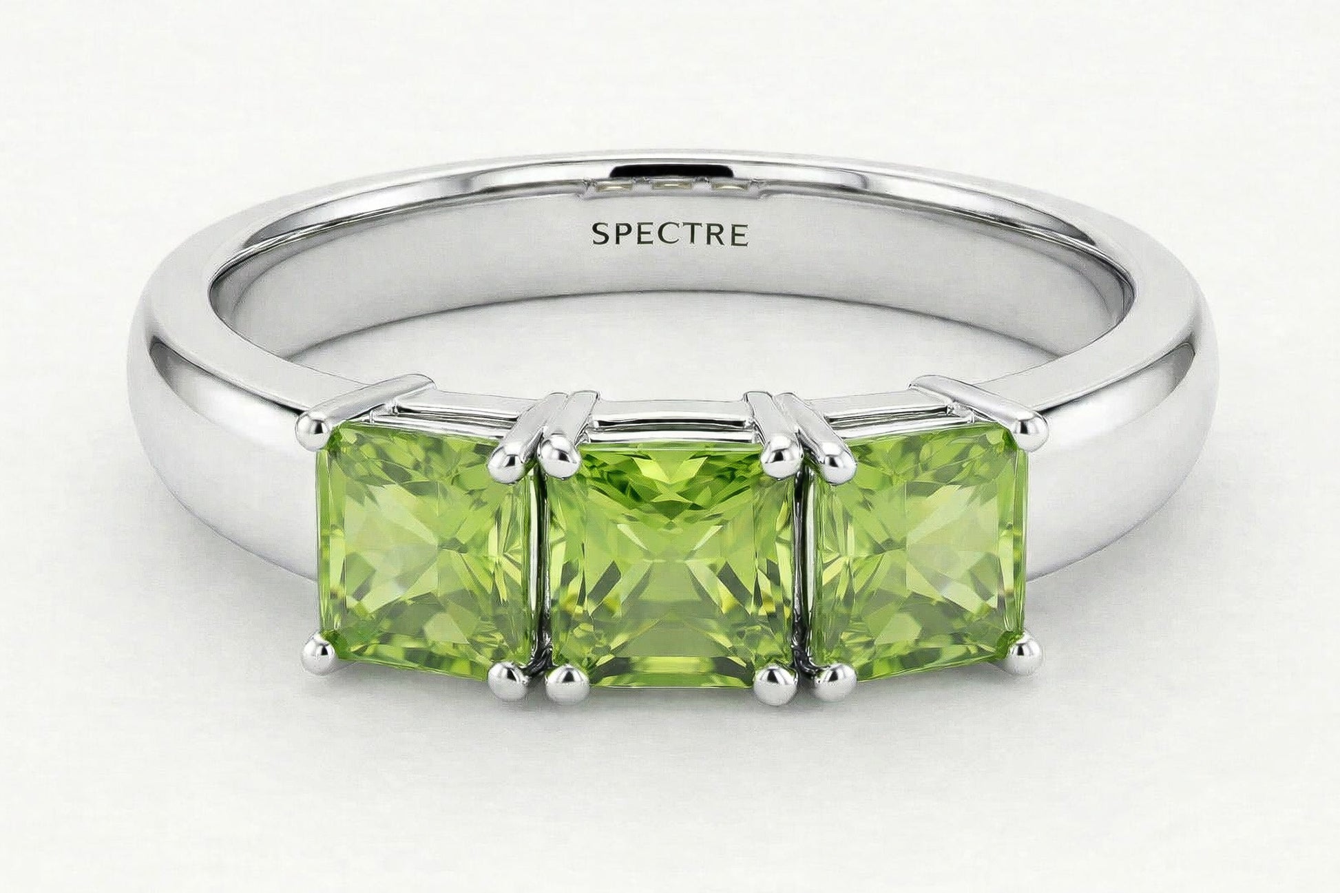 Solid 925 Silver Three-Stone Peridot Princess Cut Ring